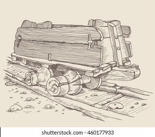 The historic mine cart, track railway and old wooden wagon, trolley in Germany. Vintage hand drawing illustration. Styling engraving. Using picture for your design