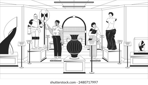 Historic museum people black and white line illustration. Asian woman looking at sculpture, arab man taking photo of knight armor 2D characters monochrome. Exhibition visitors outline vector image