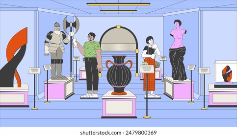 Historic museum people cartoon flat illustration. Asian woman looking at sculpture, arab man taking photo of knight armor 2D line characters color. Exhibition visitors scene vector storytelling image