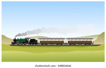 Historic Old steam locomotive green black World War generation and wagons on railroad track in Landscape background. Vector Illustration
