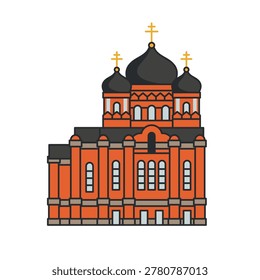 Historic orthodox cathedral with black domes isolated on white background. Flat vector illustration of traditional religious architecture