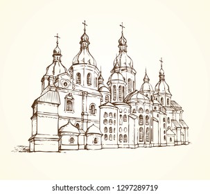 Historic orthodoxy Saint Sophia minster edifice in Kiev capital. Outline freehand black ink hand drawn logo sign icon picture in retro artist etch print cartoon style pen on white paper space for text