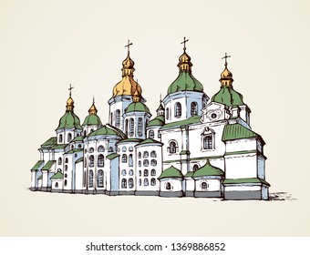 Historic orthodoxy Saint Sophia minster edifice in Kiev capital. Outline freehand black ink hand drawn logo sign icon picture in retro artist etch print cartoon style pen on white paper space for text