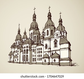 Historic orthodoxy Saint Sophia minster edifice in Kiev capital. Outline freehand black ink hand drawn logo sign icon picture in retro artist etch print cartoon style pen on white paper space for text