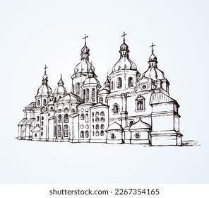 Historic orthodoxy Saint Sophia minster edifice in Kiev capital. Outline freehand black ink hand drawn logo sign icon picture in retro artist etch print cartoon style pen on white paper space for text