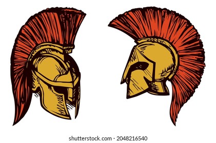 Historic past centurie age big golden wild tribal leonidas face helm on white backdrop. Bright red color hand drawn logo emblem pictogram design art black doodle cartoon retro style. Closeup side view