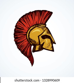 Historic past golden leonidas helm on white backdrop. Bright red color hand drawn logo emblem pictogram sketchy in art doodle cartoon retro comic style. Closeup side view with space for text