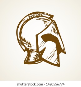 Historic past golden leonidas helm on white backdrop. Freehand outline black ink hand drawn picture sign sketchy in art doodle cartoon retro style pen on paper. Closeup side view with space for text
