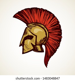 Historic past golden leonidas helm on white backdrop. Bright red color hand drawn logo emblem pictogram sketchy in art doodle cartoon retro engrave print style. Closeup side view with space for text