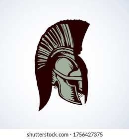 Historic past golden leonidas helm on white backdrop. Freehand outline black ink hand drawn picture sign sketchy in art doodle cartoon retro style pen on paper. Closeup side view with space for text