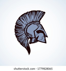 Historic past golden leonidas helm on white backdrop. Freehand outline black ink hand drawn picture sign design in art engraved doodle cartoon retro style pen on paper. Closeup side view text space