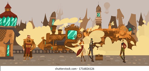 Historic people in fairytale town with old european architecture houses, steampower train fantasy Europe in steampunk technology style vector illustration. Old steampunk town and pedestrians.