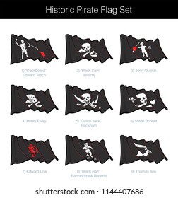 Historic Pirate Waving Jolly Roger Set. The set includes the flag designs of Blackbeard, Black Sam Bellamy, John Quelch, Henry Every, Jack Rackham, Stade Bonnet, Edward Low, Black Bart and Thomas Tew