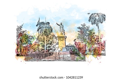 Historic place and Building view of Cienfuegos City in Cuba. Watercolor splash with Hand drawn sketch illustration in vector.