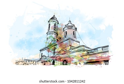 Historic place and Building view of Cienfuegos City in Cuba. Watercolor splash with Hand drawn sketch illustration in vector.