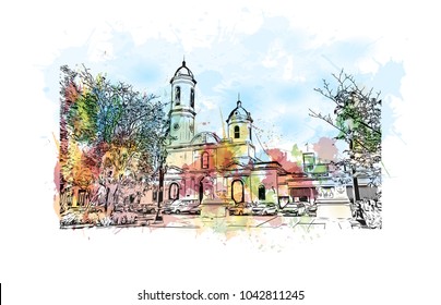 Historic place and Building view of Cienfuegos City in Cuba. Watercolor splash with Hand drawn sketch illustration in vector.