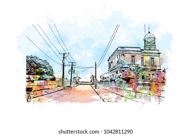 Historic place and Building view of Cienfuegos City in Cuba. Watercolor splash with Hand drawn sketch illustration in vector.