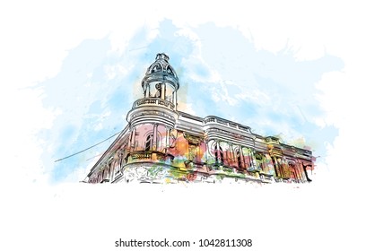 Historic place and Building view of Cienfuegos City in Cuba. Watercolor splash with Hand drawn sketch illustration in vector.