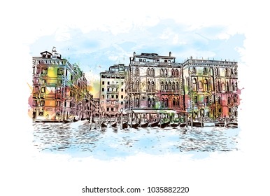 Historic place and buildings view of Venice City in Italy. Watercolor splash with hand drawn sketch illustration in vector.
