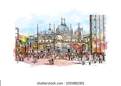 Historic place and buildings view of Venice City in Italy. Watercolor splash with hand drawn sketch illustration in vector.