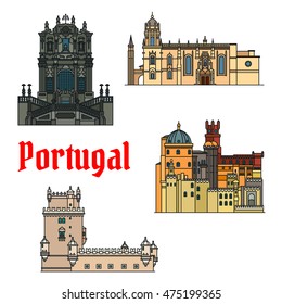 Historic Portugal landmarks. Vector detailed icons of Jeronimos Monastery, Hieronymites Monastery, Belem Tower, Clerigos Church, Pena Palace. Portuguese symbols for souvenirs, postcards