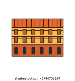 Historic red and yellow brick fortification wall. Vector illustration. Object isolated on white background.