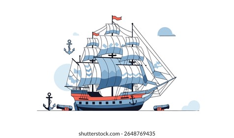 Historic sailing ship with full sails navigating the open ocean surrounded by anchors and cannons