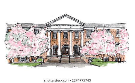 Historic school building with blossom trees. Brick, pillars, steps. Watercolor sketch illustration. Isolated vector.