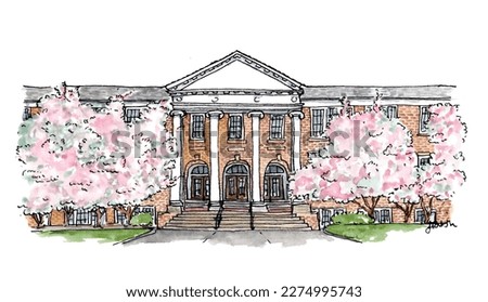 Historic school building with blossom trees. Brick, pillars, steps. Watercolor sketch illustration. Isolated vector.
