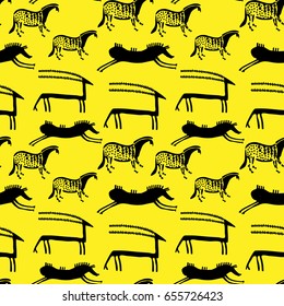 Historic seamless pattern "cave painting" in yellow background