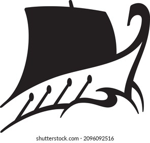 Historisches Schiff, Vektorlogo oder Ikone-Design mit Rudern und Segel.
Vektorgrafik von antiken griechischen Küchen- oder Wikingerschiffen, die durch Meereswellen segeln.