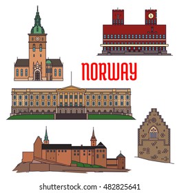 Historic sightseeings and buildings of Norway. Vector icons of Royal Palace, Akershus Fortress, Hakons Hall, Oslo Cathedral, Radhus. Norwegian showplace symbols for print, souvenirs, postcards