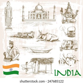 historic sites and attractions of India. handmade illustration