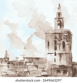 Historic skyline with cathedral towers and narrow European streets. Hand-drawn style, modern yet classic, perfect for travel visuals.