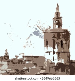 Historic skyline with cathedral towers and narrow European streets. Hand-drawn style, modern yet classic, perfect for travel visuals.