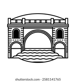 historic stone arch bridge icon. elegant vector bridge over calm river. detailed infrastructure branding illustration.