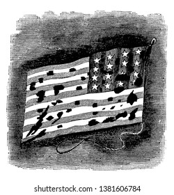 The historic Stonington flag, this flag has horizontal stripes and 16 stars in top right corner of flag, vintage line drawing or engraving illustration