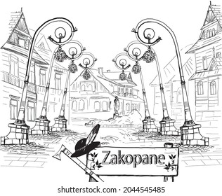 
Historic street - promenade located in the center of the popular city of Zakopane. Black and white, sketchy graphics. svg