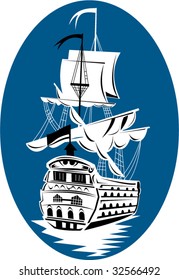 Historic tall sailing ship on blue background