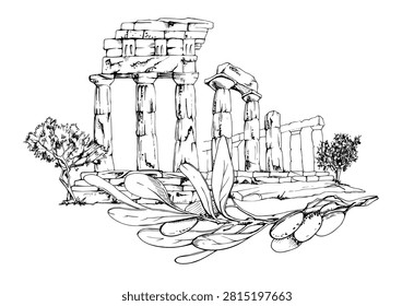 Historic temple and olive orchard, leafy branch with weathered stone architecture. Pencil hand drawn illustration. Ancient civilization studies, tourism materials, heritage branding, cultural events.
