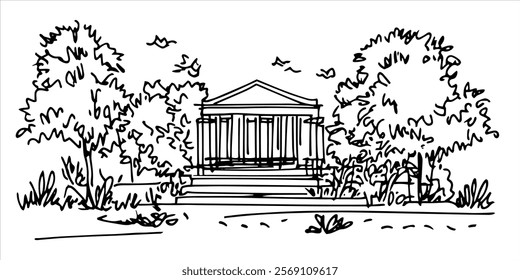 historic temple surrounded by trees in hand-drawn sketch