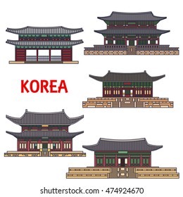 Historic temples of Korea with Haeinsa, Gyeongbokgung, Gyeongbok palace, Namhansanseong, Changdeok, Changdeokgung, Bongeunsa. Korean showplaces symbols for souvenirs, postcards, t-shirts cups magnets