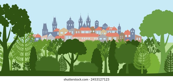 Historische Stadt auf dem Hügel. Das Zentrum der Stadt mit grünen Bäumen ringsum. Sehenswürdigkeiten und Stadtpark. Vektorillustration