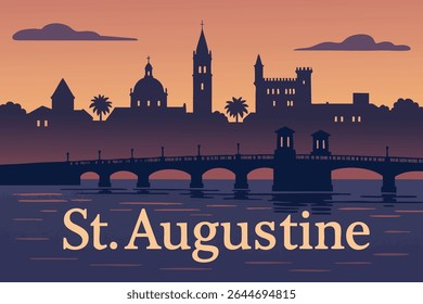 The historic town of St. Augustine, Florida, shines at dusk with its charming cobblestone streets and Spanish architecture, creating a peaceful and historic atmosphere.