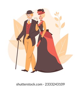 Historic Victorian man and woman characters. Victorian epoch elegant couple in elegant vintage costumes, flat vector illustration isolated on white background.