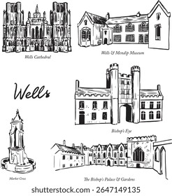 Historic Wells Architecture, Ink Drawing of Cathedral, Museum, Bishop’s Palace, Market Cross.
A black and white line artwork showcasing iconic medieval buildings and detailed architectural features. 