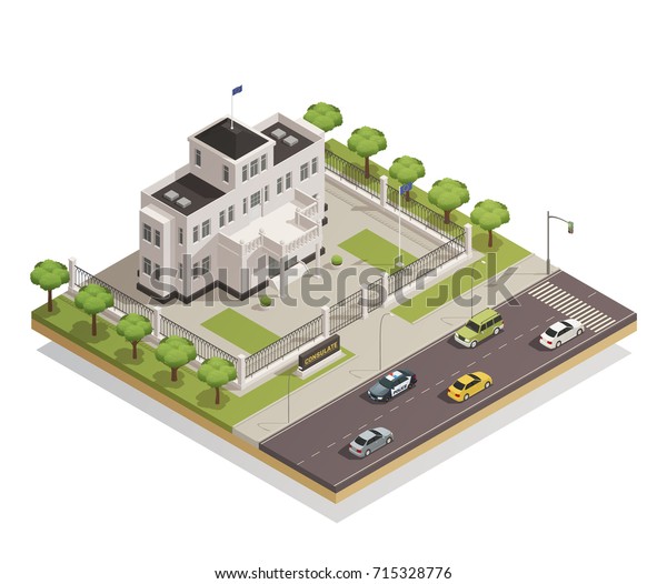 Historic white lime painted government\
building in city center and surrounding area architectural\
isometric composition vector illustration\
