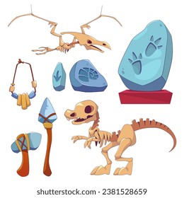 Elementos del museo arqueológico histórico. Ilustraciones vectoriales de dibujos animados de esqueletos de dinosaurios, huellas de animales prehistóricos y amontonamientos en piedra, herramientas y joyas de personas antiguas.