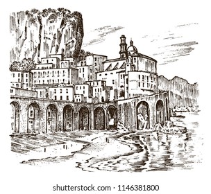Historical architecture with buildings, perspective view. Landscape in European city Atrani in Italy. Engraved hand drawn in old sketch and monochrome vintage style. Travel postcard.