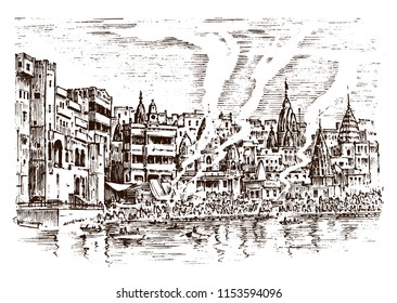 Historical architecture with buildings, perspective view. Landscape in city Varanasi in India. Ganges River Engraved hand drawn in old sketch and monochrome vintage style. Travel postcard.